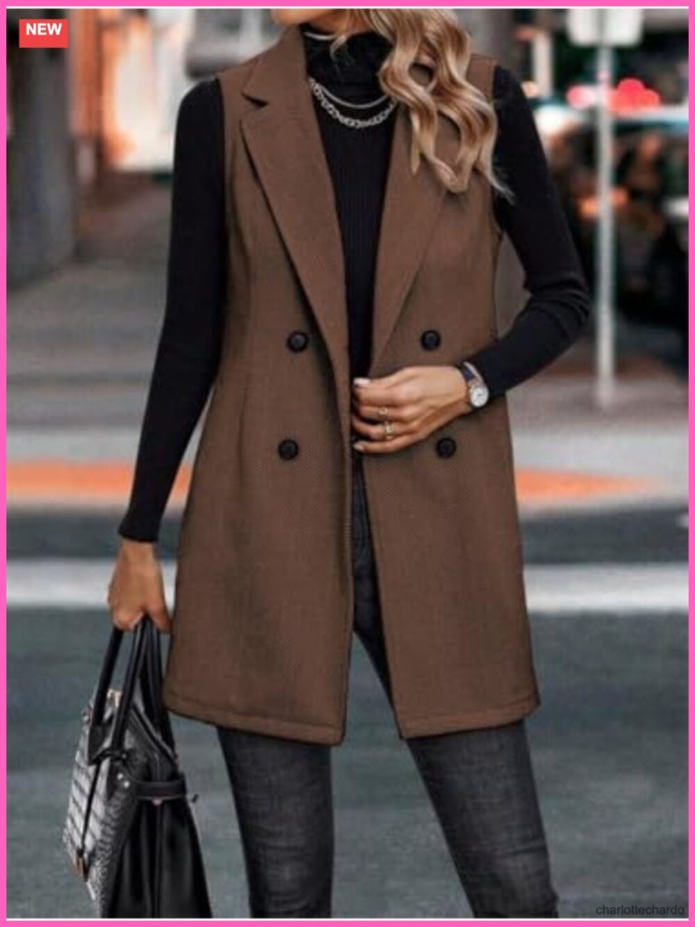 Women's Sleeveless Tweed Vest Blazer Long Cardigan Outerwear Notch Lapel Double - Picture 2 of 3